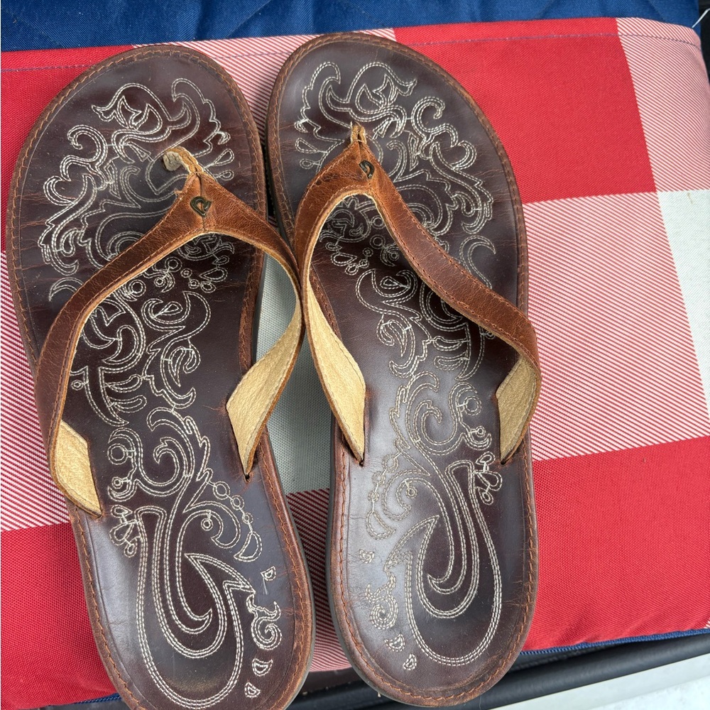 Brown and Tan Embroidered Sandals